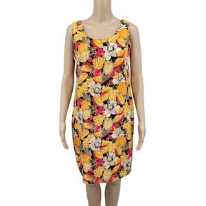 Liz Claiborne Silk Vintage Fruit Floral Shift Midi Dress Sleeveless